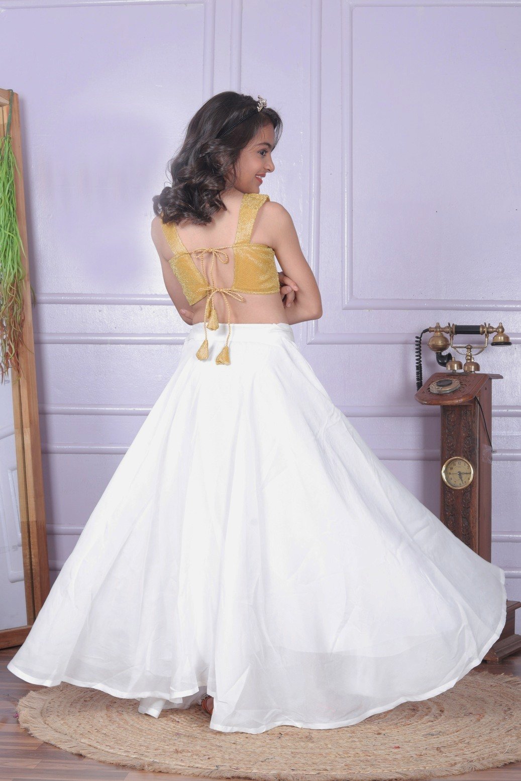Golden Pleated Skirt with White Designer Top – Kids Boutique Ethnic Wear