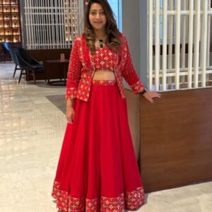 Red Embroidered Lehenga with Crop Top & Jacket – Women’s Boutique Collection