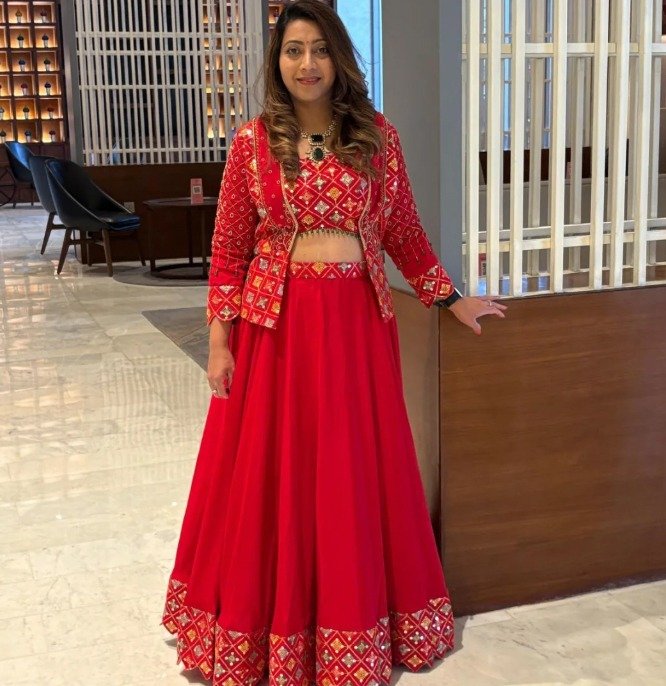 Red Embroidered Lehenga with Crop Top & Jacket – Women’s Boutique Collection