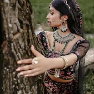 “Black Floral Embroidered Bridal Lehenga with Sheer Sleeves”