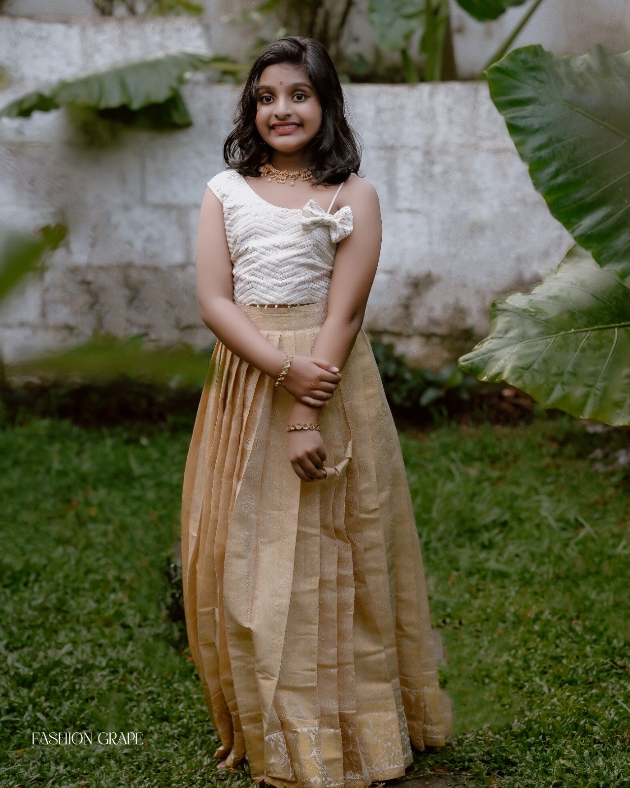 Golden Silk Pleated Skirt & White Designer Top – Kids Ethnic Wear